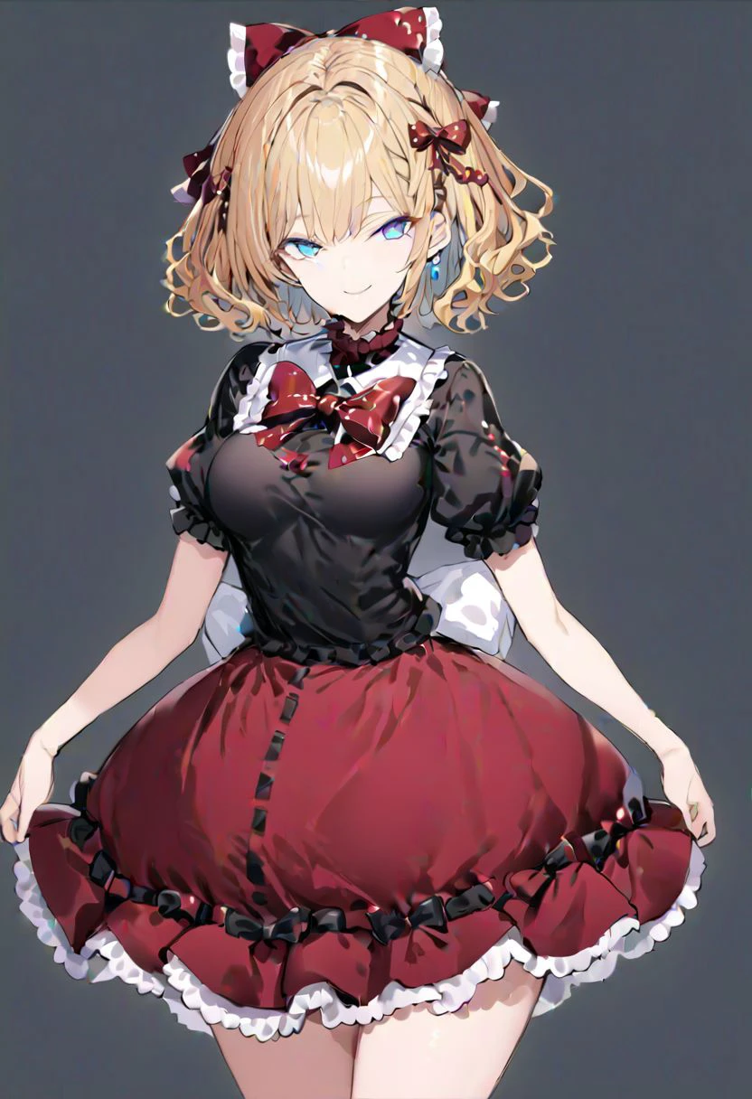 masterpiece, best quality, ultra-detailed, beautiful, nai3, 1girl, solo, full_body, tachi-e,
medicine_melancholy, 1girl, smile, blonde hair, short hair, ribbon, blue eyes, black shirt, red skirt, bow, wavy_hair, puffy_short_sleeves, puffy_sleeves, short_sleeves, frills, frilled_shirt_collar, frilled_sleeves, frilled_shirt, red_bow, red_ribbon, bubble_skirt,