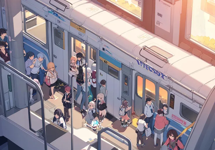 a group of people inside train, <lora:wisosdxl:0.8>, wisosdxl, best quality, masterpiece, isometric scene, anime, cute