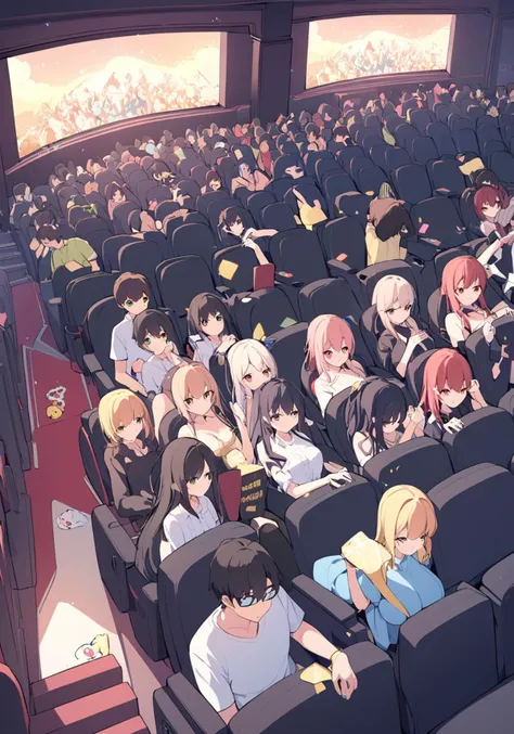 a group of people inside a theatre, <lora:wisosdxl:0.6>, wisosdxl, best quality, masterpiece, isometric scene, anime, cute