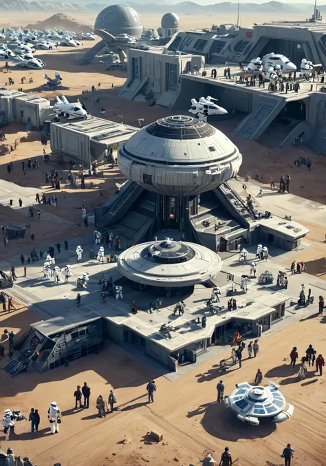 a group of people at a spaceport, <lora:wisosdxl:0.8>, wisosdxl, best quality, masterpiece, isometric scene, ghetto, sci-fi, spacecraft, star wars, aliens, stormtroopers