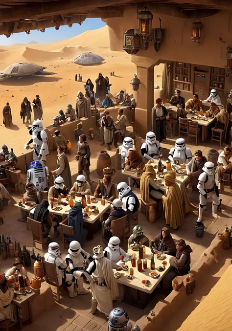 a group of people at a tavern on tatooine, <lora:wisosdxl:0.8>, wisosdxl, best quality, masterpiece, isometric scene, ghetto, sci-fi, star wars, tables,