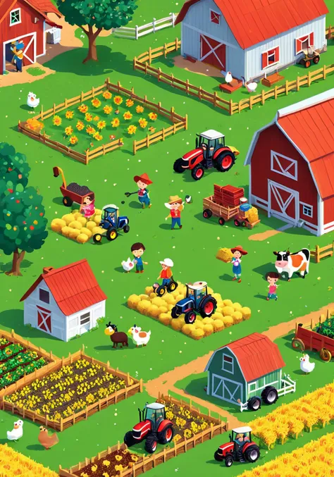 a cartoon of a group of people on a farm, <lora:wisosdxl:0.8>, wisosdxl, best quality, masterpiece, isometric scene, cute, adorable,