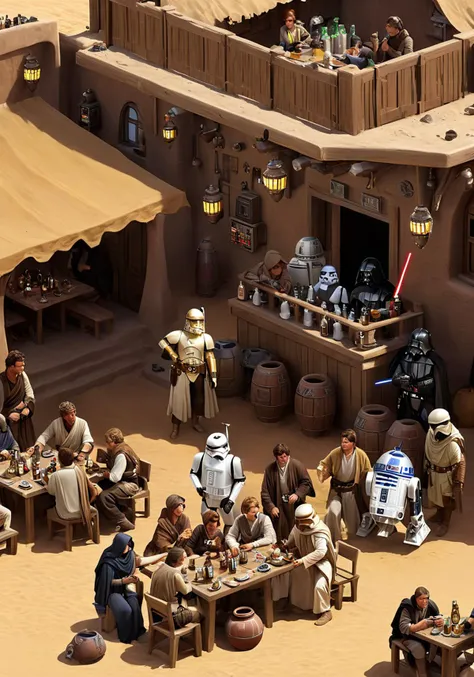 a group of people at a tavern on tatooine, <lora:wisosdxl:0.8>, wisosdxl, best quality, masterpiece, isometric scene, ghetto, sci-fi, star wars, tables,