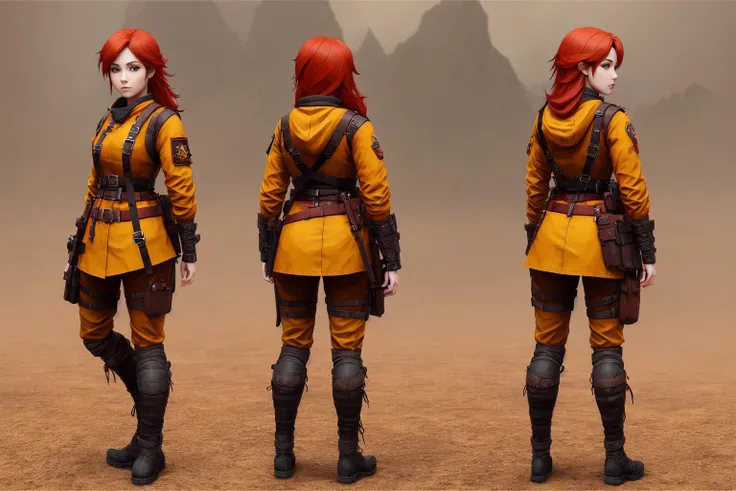 1girl,red hair,artstation,3d,yellow eyes,warrior,highly detailed Full body charturner of a postman,landscape orientation , multiple views,get a front and back view