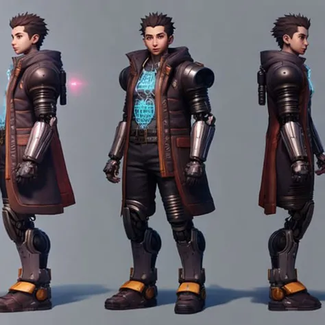 <lora:mw_charturn3:.1> (15Charturn_longCap_D:.4) a character turnaround young male cyberpunk netrunner, (high detailed skin:1.2), RAW photo. Human, cybernetic hands, (Multiple views of the same character:1.2) (on the same background:1.1) , modelshoot style, nousr robot