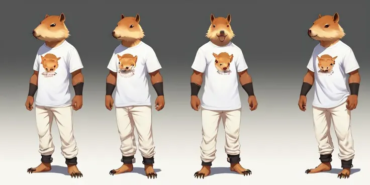 21charturnerv2, multiple views of the same character in the same outfit, A character turnaround of a capybara wearing clothes, best quality, intricate details, chromatic aberration, (simple background, white background:1.3), T-pose with asset