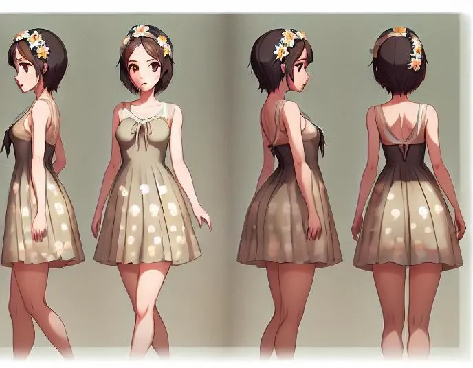 <lora:mw_charturn3: .7> a turn around of a young woman wearing a sundress with daisies on it.