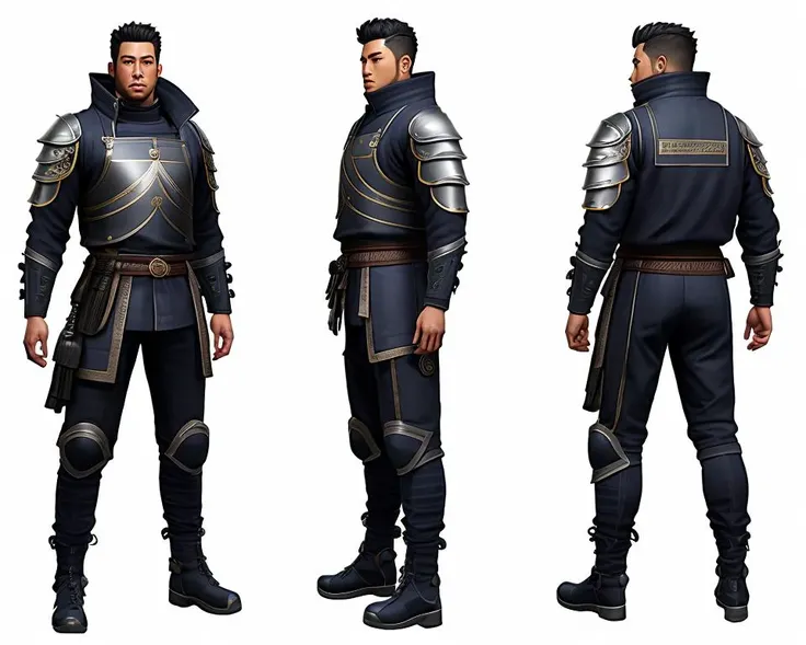 highly detailed  Full body of character (((turnaround))) of a cyberpunk male Asian Knight,  multiple views of the same character, charturner, tk_char
