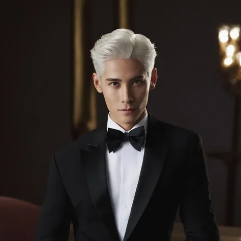 (masterpiece, best quality:1.1),(realistic:1.1),1boy,tuxedo,highres,absurdres,Cinematic Lighting,upper body,white hair,black eyes,