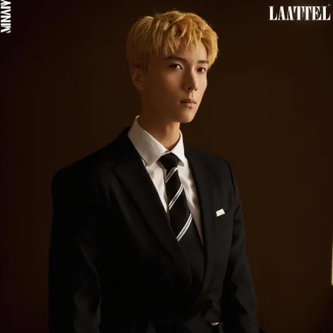 (masterpiece, best quality:1.1), (realistic:1.1), upper body, 1boy, male focus, solo, blonde hair, black eyes, necktie, black suit