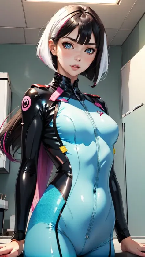 masterpiece, best quality, 1girl, <lora:longtail_bob-1.0:1> longtail bob, android, bodysuit, lcd display, parted lips, mismatched pupils,