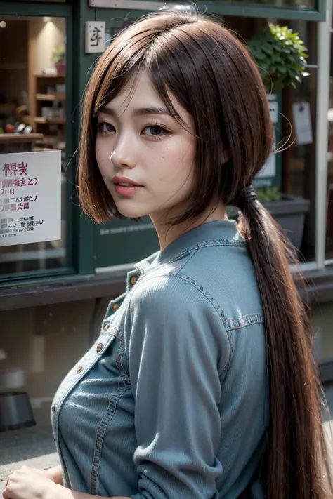 (realistic:1.3), finely detailed, quality, rembrandt lighting, (masterpiece:1.2), (photorealistic:1.2), (best quality), (detailed skin:1.3), (intricate details), dramatic, ray tracing, 1girl, japanese girl, 21 years old, detailed skin texture, (blush:0.5), (goosebumps:0.5), subsurface scattering, smiling, medium breasts, (longtail bob:1.2), long hair, low ponytail, portrait shot, casual top, from side, (bright sunny day), <lora:longtail_bob-1.0:0.8>