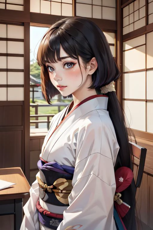 masterpiece, best quality, 1girl, <lora:longtail_bob-1.0:0.8> longtail bob, japanese clothes, sash, bright pupils, edo period timeline, 16th century, (((ultra detailed skin)))