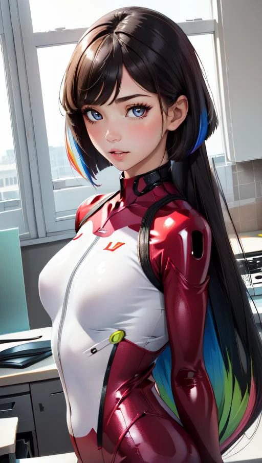 masterpiece, best quality, 1girl, <lora:longtail_bob-1.0:1> longtail bob, android, bodysuit, lcd display, parted lips, mismatched pupils,