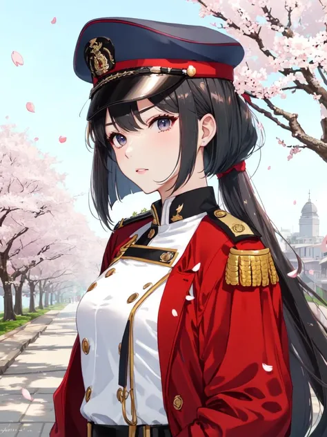 solo, beautiful woman, military uniform, stern look, longtail bob, cherry blossoms, <lora:longtail_bob-1.0r16:0.8>