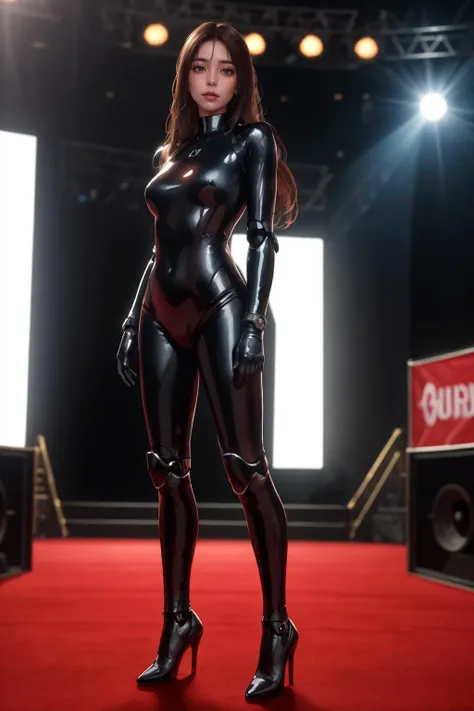 8k,highres,absurdres,masterpiece,best quality,original,extremely detailed CG,extremely detailed wallpaper,perfect lighting,<lyco:GoodHands-beta2:1>,
1girl,solo,blurry_background,looking_at_viewer,standing on the stage,
<lora:body_robot_v1:0.8>,shiny skin,lips,super detailed skin,body suit,dark robot,aura,long hair,gloves,