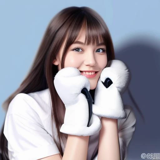 sitting, paw gloves, nose, smile, black eyes, brown eyes, bangs, long hair, blue eyes, white shirt, 1girl, gloves, parted lips