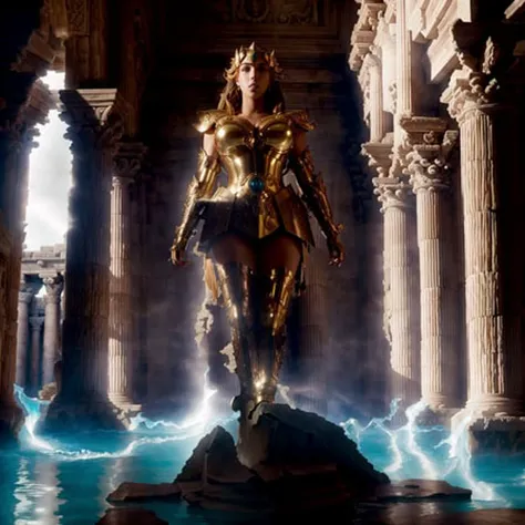 <lora:LeoArmor:0.6> masterpiece, best quality, masterpiece, Scarlett Johansson wearing sexy battle armor, casting an electric spell in the ruins of an Atlantis temple. The water is cut in half as a result of the spell, creating a dramatic effect. The white cape blowing in the breeze adds a touch of elegance and grace to the medieval-inspired setting. The intricate details of the temple's ruins add to the fantasy-like ambiance, evoking the mystique of the mythical city of Atlantis. The lighting emphasizes the dramatic effect, creating an otherworldly atmosphere that adds to the magical quality of the scene. Johansson's pose and expression convey a sense of power and determination, making the viewer feel as if they too are part of the fantasy adventure.