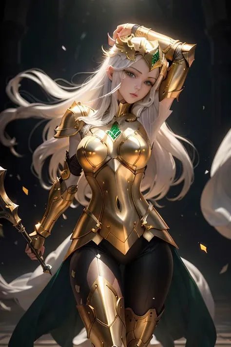 photorealistic, masterpiece, best quality, 1girl, perfect face, looking at viewer, hands in the air, skin tight transparent vinyl, very long hair, green eyes, pale skin, <lora:LeoArmor:0.3>, leoarmor, gold armor with white part, armor, helmet, lineart, dimly lit, low key,sharp focus, octane,backlighting