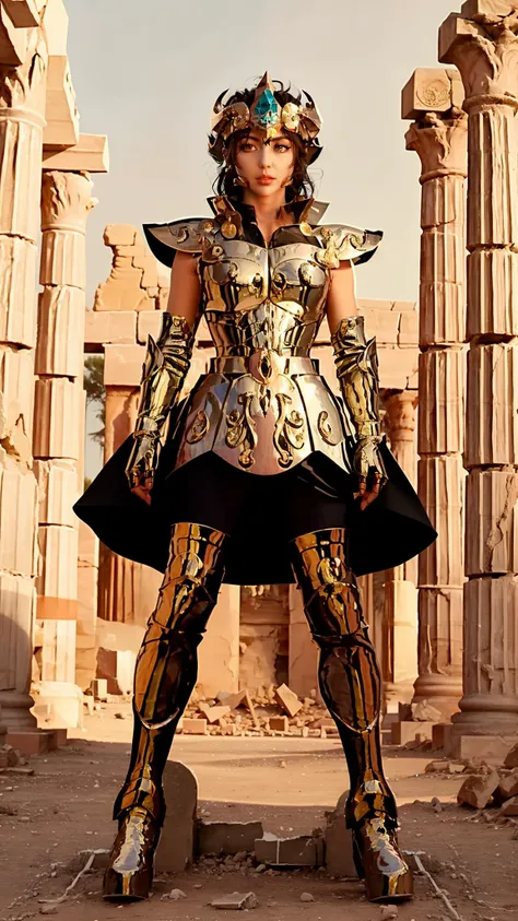 masterpiece,best quality,full body,1girl wearing Armor,leoarmor,golden armor,tongly,helmet,in a desert,<lora:tonglyV11024-000008:0.8>,<lora:LeoArmor:0.7>,black hair,hair hair pulled back,no bangs,forehead,serious,parted lips,greek temple ruins in the desert,(wide shot),upper upper teeth,