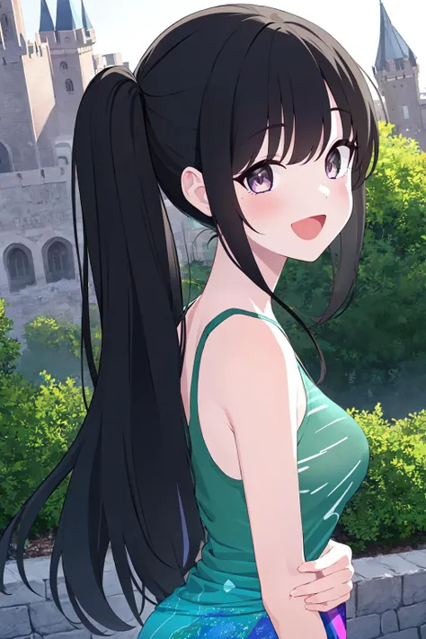 1 girl, best quality, amazing intricate, round eyes, happy, :d, medium breast,
dark green hair, long hair, , ,
From Behind, portrait, chin in hand,
acid colors tank top, holographic sarong,
in the grounds of a castle
