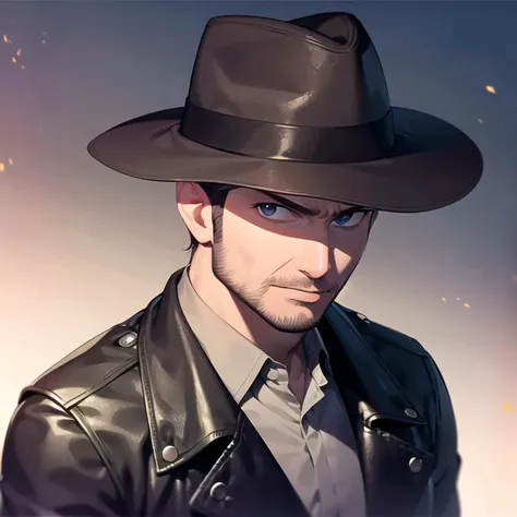 solo, 1boy, upper body, looking at viewer, <lyco:Harrison Ford:1.0>, sksman, fedora, brown headwear, leather jacket, collared shirt, facial hair