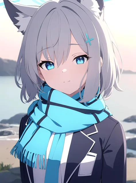 masterpiece, best quality, ultra-detailed, 4k, 8k, highly detailed, highres, solo, 1girl, shiroko, blue eyes, short hair, halo, grey hair, medium breasts, upper body, anime nose, seifuku, school uniform, animal ears, fluffly animal ears, wolf ears, scarf, closed mouth,