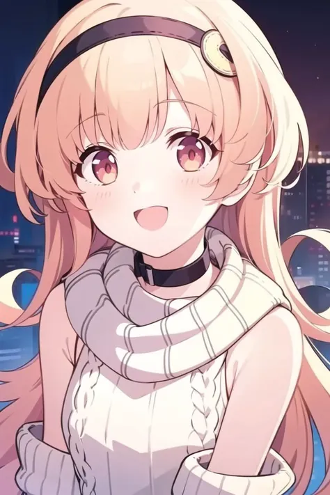 solo, 1girl, upper body, smile, open mouth, <lora:compa_v2-000009:1:OUTD:1,0,0,0,0,0,0,0,1,1,1,1,0,0,0,0,0>, compa, hairband, choker, white sweater, aran sweater, cable knit, detached sleeves
