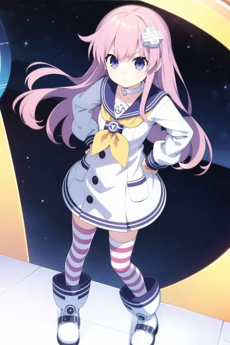 solo, 1girl, full body, v-shaped eyebrows, hands on hips, <lora:nepgear_v2-000008:1>, nepgear, d-pad hair ornament, white choker, sailor dress, sailor collar, yellow neckerchief, striped thighhighs, boots