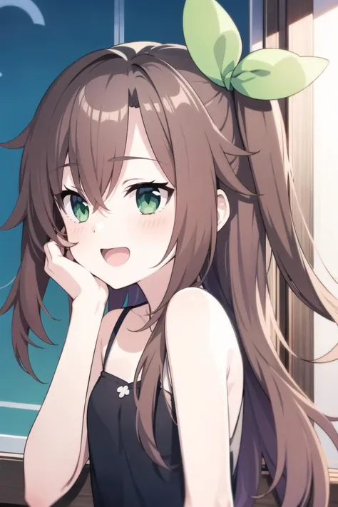 solo, 1girl, upper body, hand on own face, laughing, open mouth, blush, <lora:if_v9NAI-000010:1>, if, green eyes, hair bow, bare shoulders, black tank top