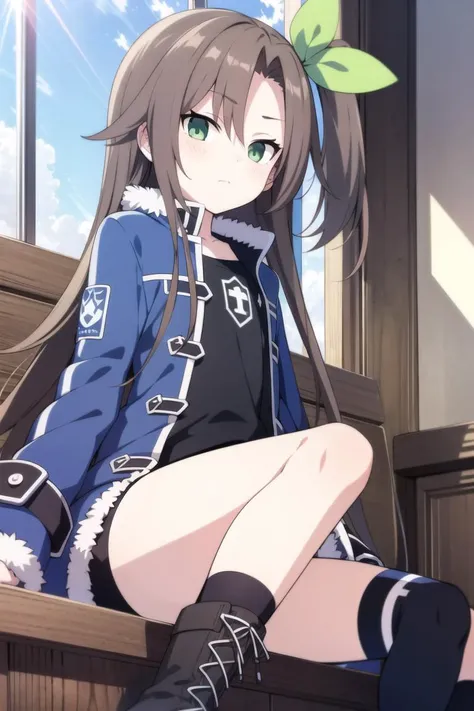 solo, 1girl, cowboy shot, sunlight, <lora:if_v9NAI-000010:1>, if, green eyes, hair bow, blue jacket, fur trim, open jacket, oversized clothes, black tank top, bike shorts, socks, kneehighs, boots, cross-laced footwear