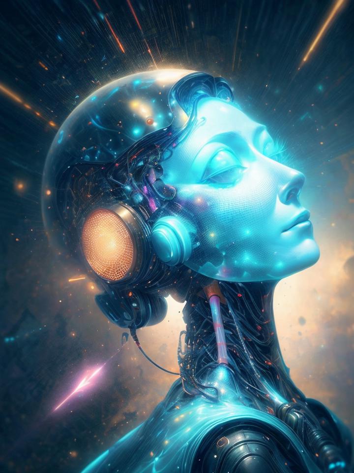 A woman with headphones and glowing lights in her face - SeaArt AI