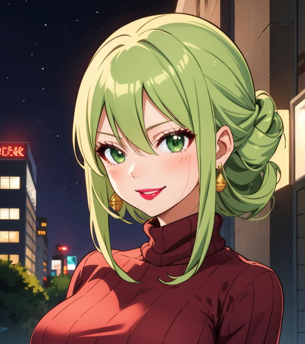 <lora:EZ_WitchRegret_MSV2:0.8>,ezwitchregret,maturefemale, green hair,greeneyes,lips,calm smile,hair updo, elegant updo,turtle neck sweater, nighttime city,earrings,lipstick