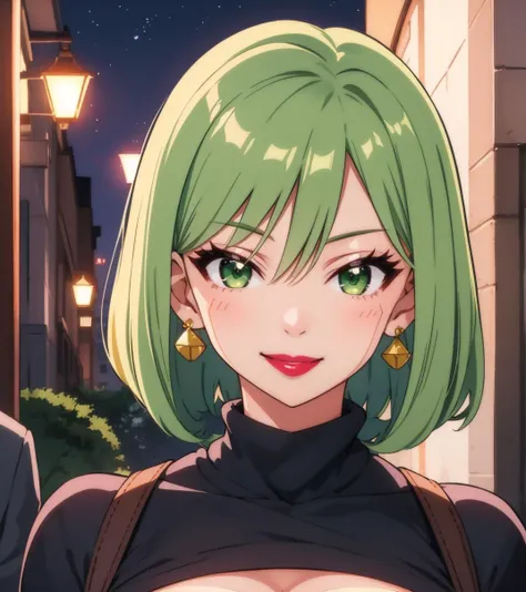 <lora:EZ_WitchRegret_MSV2:0.8>,ezwitchregret,maturefemale, green hair,greeneyes,lips,calm smile,cleavage,sliced bob hair style,turtle neck sweater, nighttime city,earrings,lipstick