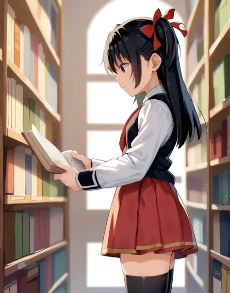 score_9, score_8_up, score_7_up, score_6_up, 1girl, a girl in a library, reading, standing, from side, dappled sunlight, black hair, two side up, ribbon,
, <lora:arumamai_ayuka_plus_style_pony6_v1:1> <lora:bible_black_uniform_xl_v3:.6> school uniform, white shirt, black vest, black thighhighs, red skirt, red necktie