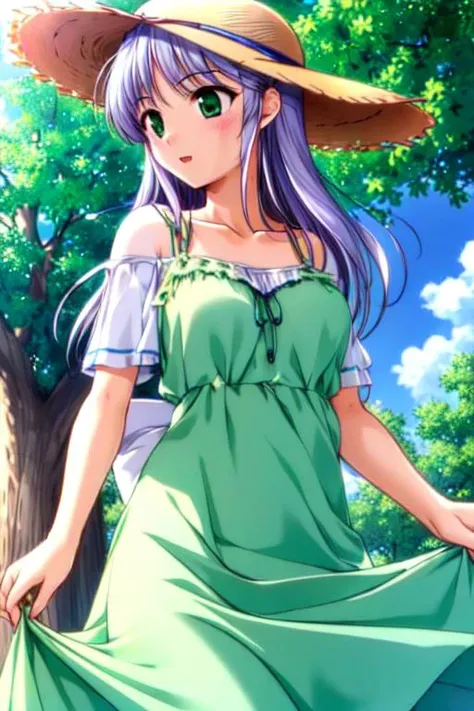 Masterpiece, Best Quality, <lora:Feena_Local_03_10:1>, Feena, green sundress, straw hat
