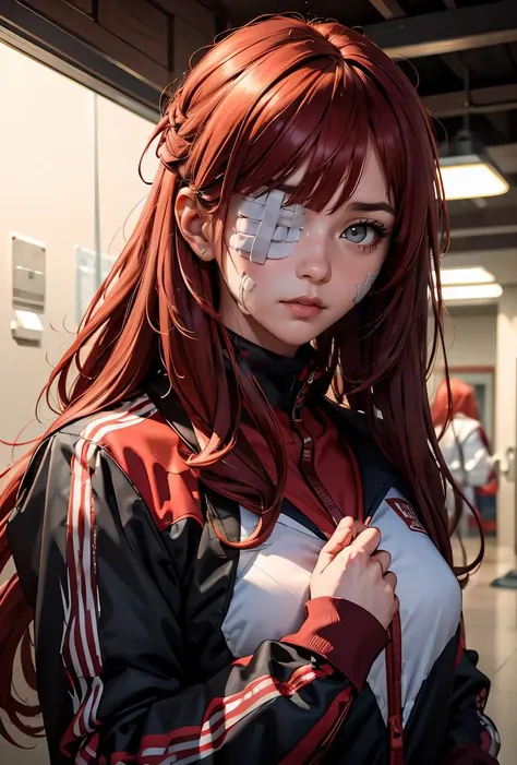 (masterpiece, best quality), 1girl, <lora:Yuri:0.8> YuriAi,, long hair, grey eyes, red hair, bangs, expressionless, closed mouth, one eye covered, eyepatch, bandages, bandaid, bandaid on face, medical eyepatch, bandage on face, bandage over one eye, long sleeves, jacket, black jacket, red jacket, track jacket