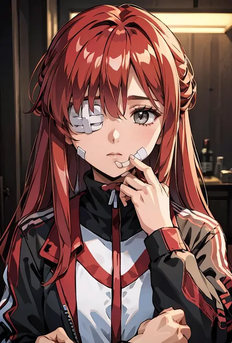 (masterpiece, best quality), 1girl, <lora:Yuri:0.8> YuriAi,, long hair, grey eyes, red hair, bangs, expressionless, closed mouth, one eye covered, eyepatch, bandages, bandaid, bandaid on face, medical eyepatch, bandage on face, bandage over one eye, long sleeves, jacket, black jacket, red jacket, track jacket