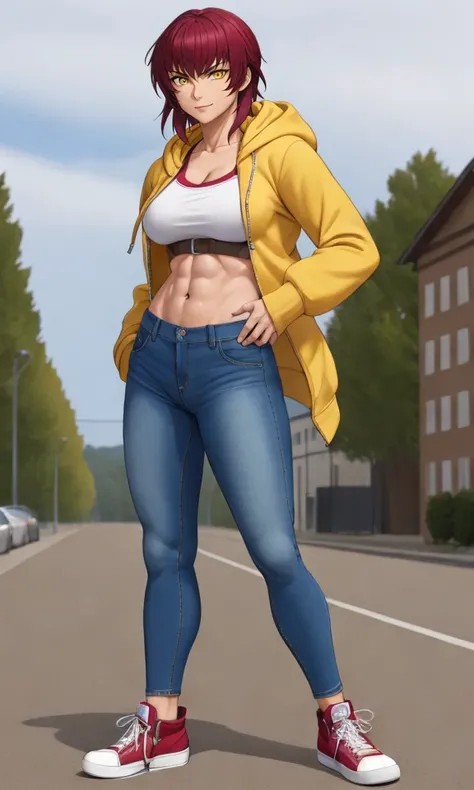 masterpiece, best quality, absurdres, illustration of oulan muscular woman wearing a hoodie sneakers and jeans, yellow eyes, <lora:oulan-000020:0.4>