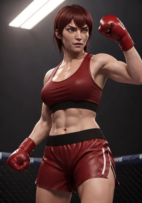 oulan woman, wearing boxing gloves and boxing outfit, throwing a big uppercut punch in the boxing ring, <lora:oulan-8bit-dim8x4-locon-000010:0.7> 3d octane render unreal engine