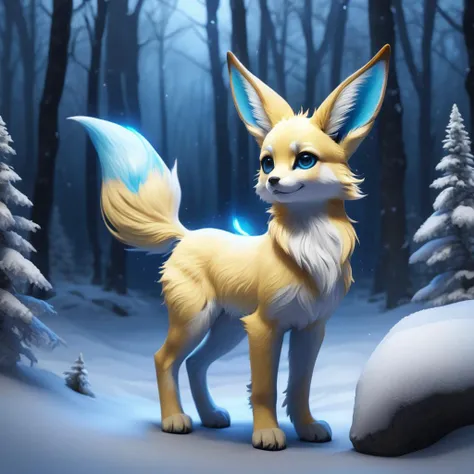 uploaded on e621, ((traditional media \(artwork\), by Foxovh, by Haps, by Vincent Van Gogh, [[by Kenket]])), solo ((chibi quadruped feral glaceon, dipstick tail, dipstick limbs)), (full-length portrait, three-quarter view, happy), ((detailed fluffy fur)), ((night forest, fog, mist, glowing plant, snow)), (blue lighting, yellow lighting), (masterpiece, best quality, ultra realistic, 4k, 2k, (high detail:1.3), film photography, (3d \(artwork\):1.2), blender \(software\), (soft focus:1.1), ray tracing, (unreal engine:1.3), RAW photo, photorealistic, analog style, subsurface scattering, photorealism, absurd res)