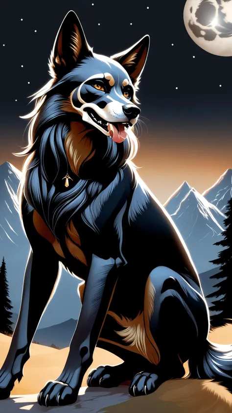 honovy, hioshiru, foxovh, a beautiful and detailed (portrait) of ((malo)), black body, skull head, tail, ((canine, nude)), standing, mountains, clouds, trees ,female subject,solo, nipples, pussy, mouth open, tongue, saliva, looking at viewer, dark, night, moon