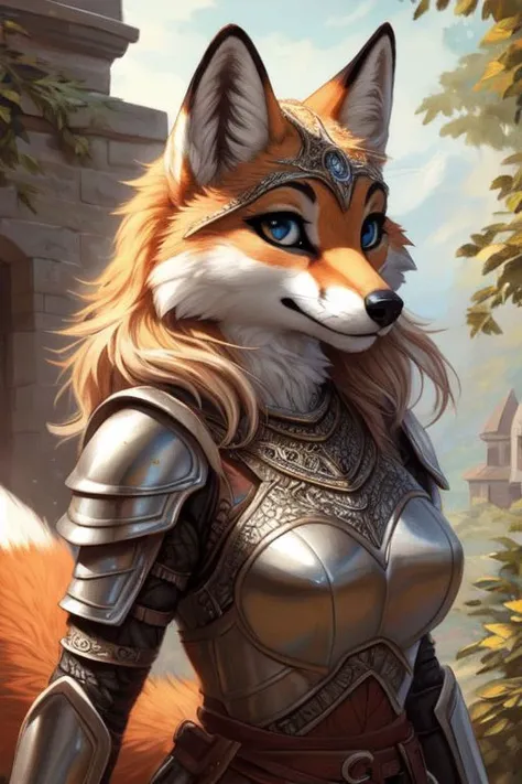 (fox:1.2), (fluffy:1.2), (anthro:1.2), (furry:1.2), female, (armor:1.2), (medieval armor:1.2), (tail:1.2), (detailed eyes:1.3), (pupils:1.2), (detailed face:1.4), (detailed photo:1.4), (detailed fur:1.2), (clear face:1.2), (high quality:1.4), (beautiful artwork:1.4), (sharp:1.1), (e621 post), (posted on e621), (focused photo:1.1), (high resolution:1.4), (fantasy scene), (Traditional Media:1.2), (Amazing Artwork:1.1), (intricate details:1.2), (detailed portrait:1.2), (closeup:1.0)