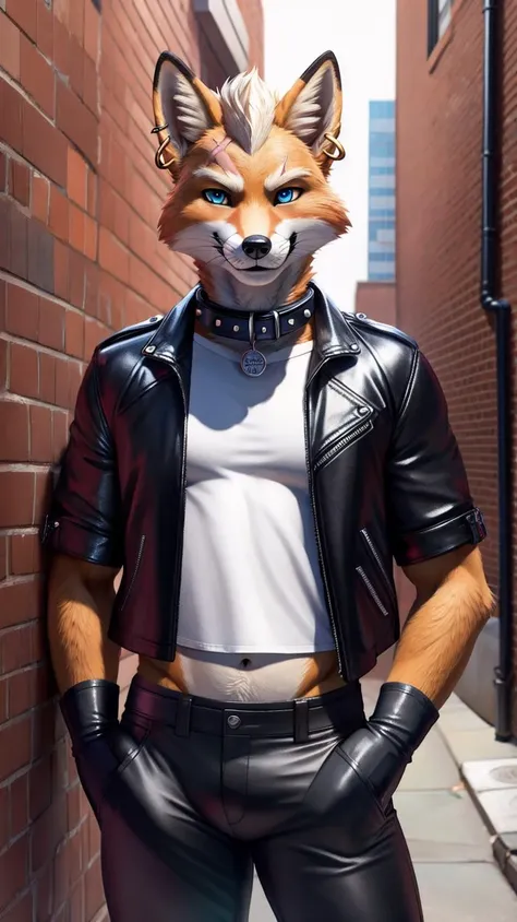 semi-realistic, fur, high quality, Fox McCloud [male], solo, cropped leather jacket, cropped white t-shirt under jacket, dog collar, leather gloves, tight pants, scar on face, ear ring, [ultra high-definition stomach], gorgeous stomach, realistic blue eyes, fit and lean body, high resolution, front view, hands in pockets, combed hair, fox tail, in an alley <lora:Iztli:0.5> furry