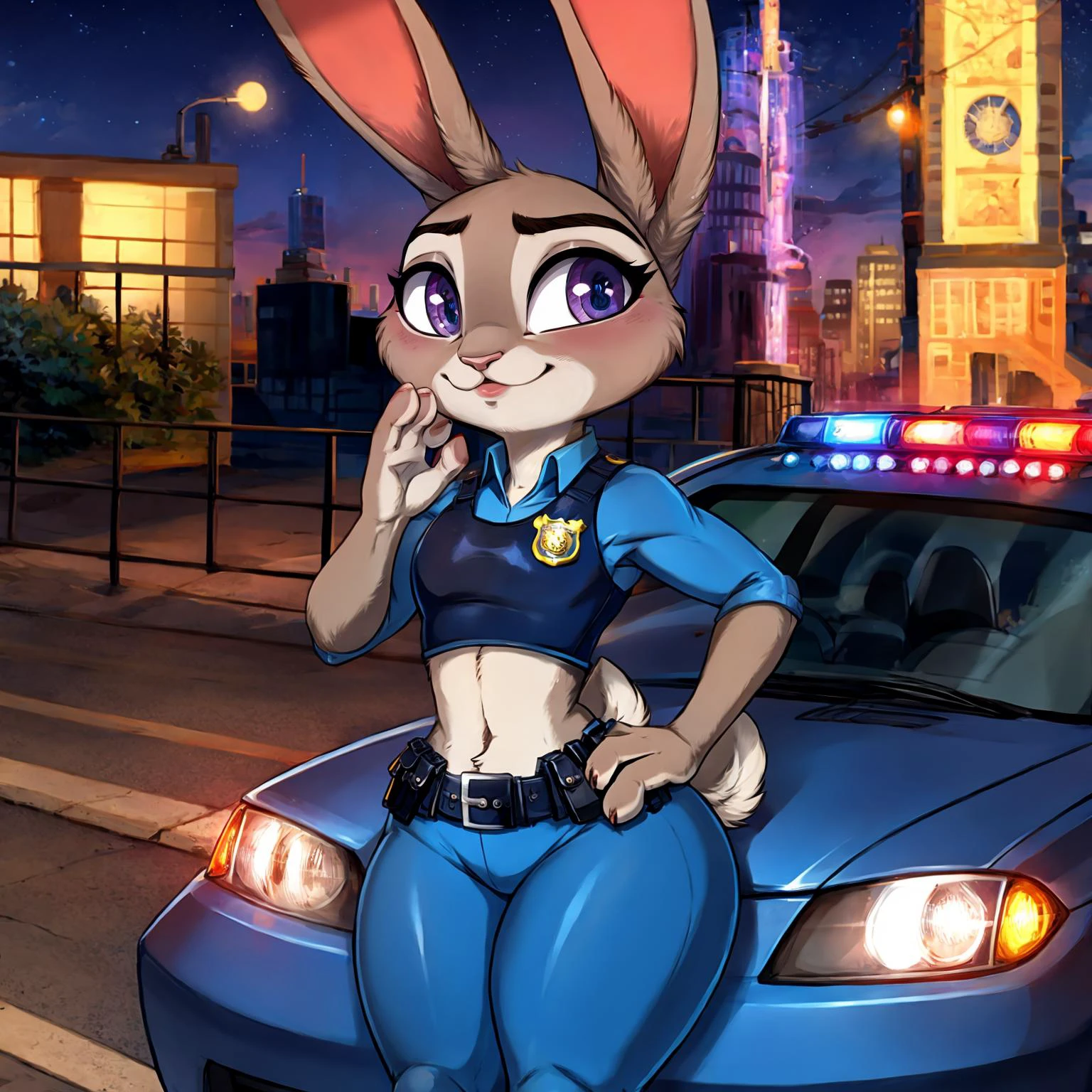 standing outside, police car, hands on hood, posing infront of car
BREAK
furry, furry girl, bunny ears, tail, ears down, 1girl, beautiful jewel-like eyes, <lora:JudyHopps_v1:1>, judy, police uniform, policewoman
BREAK
<lora:AppleButt-v1:1>, apple_butt, ass, from_behind