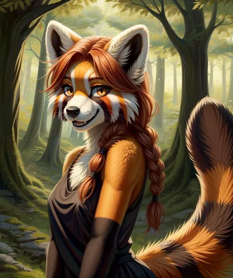 (masterpiece, best quality:1.4), 1 girl, (Red panda/fox:1.1), red-orange hair, orange-yellow eyes, Braid, light smile, forest