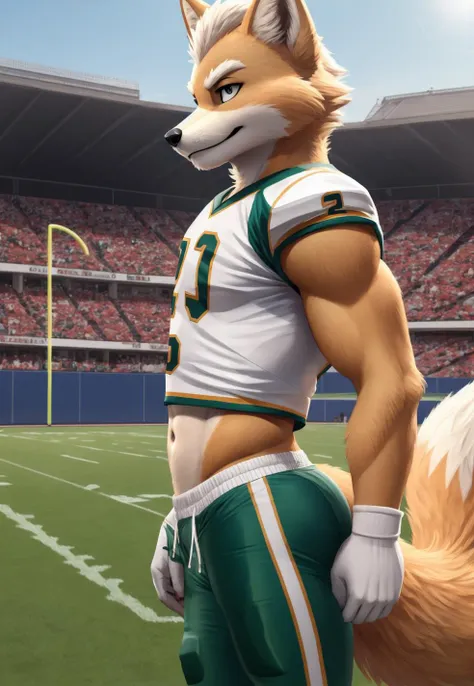 Handsome and athletic Fox McCloud, Ultra-high quality, male, solo, semi-realistic, high quality fur, peach fur with cream accents, sexy pose, football field, football jersey and pants, gorgeous navel exposed, side view, cute butt <lora:Iztli:0.5> furry