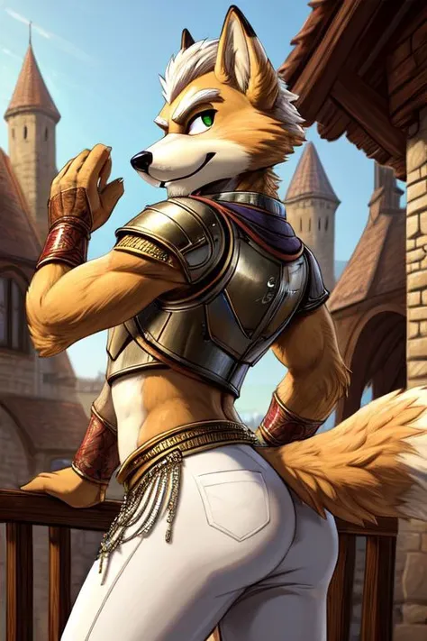 Fox McCloud, furry, solo, male, side view, tight regal pants, butt, cropped breastplate, navel, cute butt, playful, sexy, outdoors, medieval Europe, belly dancer