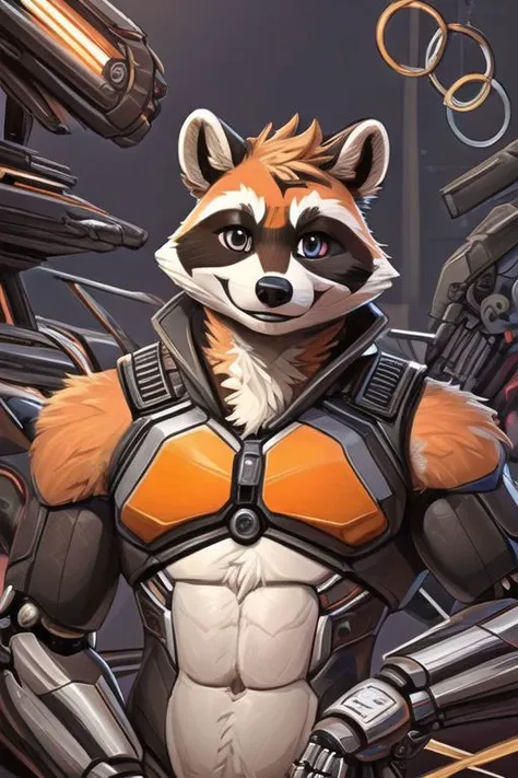 anthropomorphic, male, mammal, orange fur, raccoon, smile, facial tuft, braeburned, solo, Clutter-Mechanical, pinup, frdbrnc, on hood