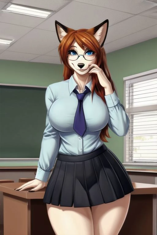 2 furry girls wearing glasses, animal ears, ponytail, seductive, mouth open, tongue out of mouth, steam coming from mouth, huge breasts, nude, ear piercing, highly detailed, 8k, school girl outfit, classroom, looking at viewer